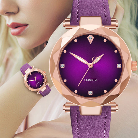 Hot Sale Ladies Watch Women's Watches Diamond Dial Purple Leather Quartz Wrist Watch Top Luxury Brand Relogio Feminino Clock #B