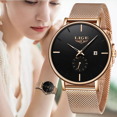 LIGE New Luxury Women Metal Mesh Watch Simplicity Classic Wrist Fashion Casual Quartz High Quality Women's Watches Montre Femme