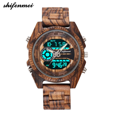 shifenmei S2139W Antique Natural Digital Men Watches LED display engraved Wooden Luminous Hand boys watches brand male female