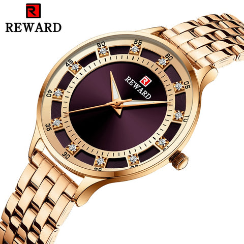 2019 New Luxury Lady Dress Watches Brand REWARD Crystal Diamond Women's Full Steel Quartz Watches Full Steel Waterproof Clock