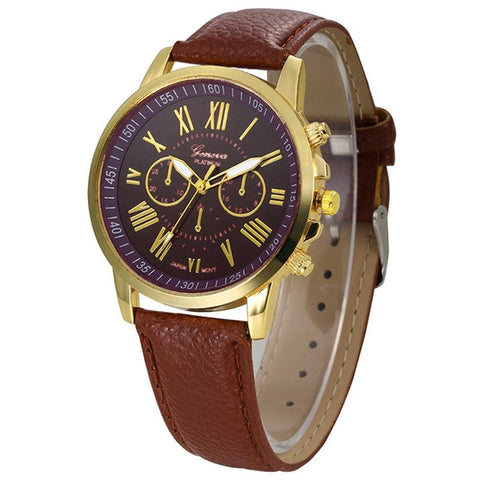 Luxury Fashion Geneva Casual Gold Red Women Watches Faux Leather Women's Roman Numerals Faux Leather 2019 Analog Quartz Watch Q