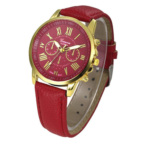 Luxury Fashion Geneva Casual Gold Red Women Watches Faux Leather Women's Roman Numerals Faux Leather 2019 Analog Quartz Watch Q