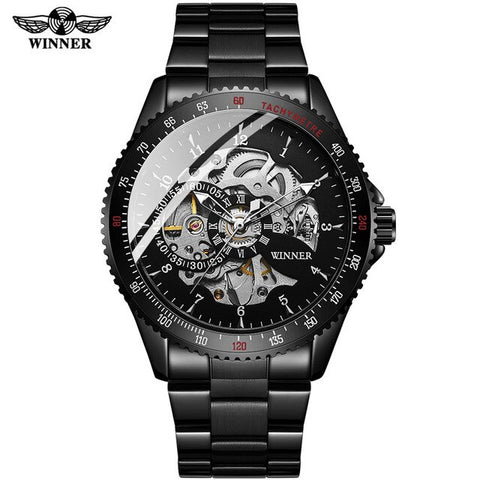 WINNER 2019 Black Stainless Steel Mens Skeleton Watches Top Brand Luxury Transparent Mechanical Male Automatic Wrist Watch