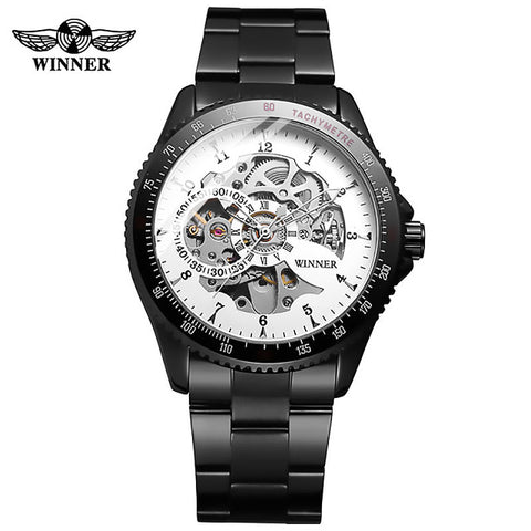 WINNER 2019 Black Stainless Steel Mens Skeleton Watches Top Brand Luxury Transparent Mechanical Male Automatic Wrist Watch