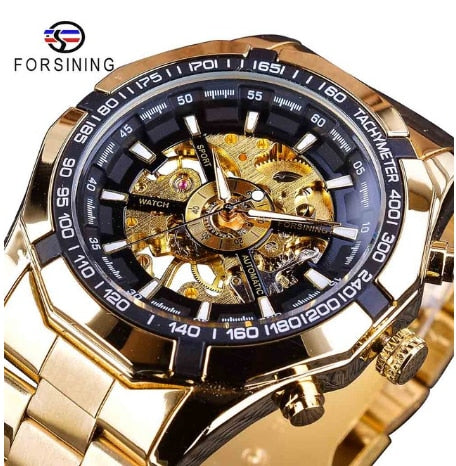 Forsining Mens Skeleton Watches Top Brand Luxury Stainless Steel Waterproof D Transparent Water Mechanical Men's Wrist Watch