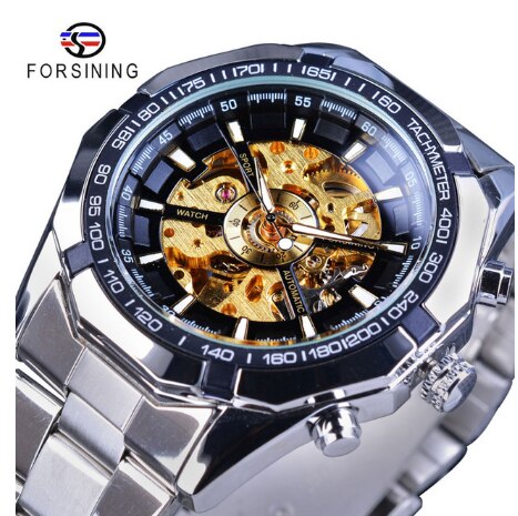 Forsining Mens Skeleton Watches Top Brand Luxury Stainless Steel Waterproof D Transparent Water Mechanical Men's Wrist Watch