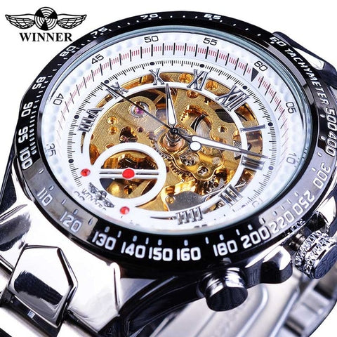 Winner Classic Series Golden Movement Steel Mens Skeleton Man Wrist Watch Mechanical Top Brand Luxury Fashion Automatic Watches