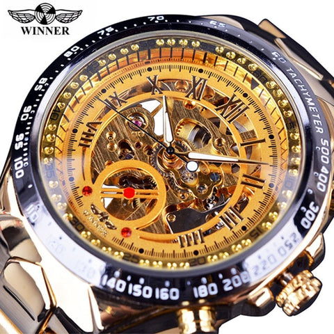 Winner Classic Series Golden Movement Steel Mens Skeleton Man Wrist Watch Mechanical Top Brand Luxury Fashion Automatic Watches