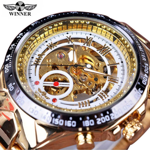 Winner Classic Series Golden Movement Steel Mens Skeleton Man Wrist Watch Mechanical Top Brand Luxury Fashion Automatic Watches