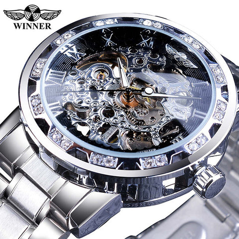 Winner Transparent Fashion Diamond Luminous Gear Movement Royal Design Men Top Brand Luxury Male Mechanical Skeleton Wrist Watch