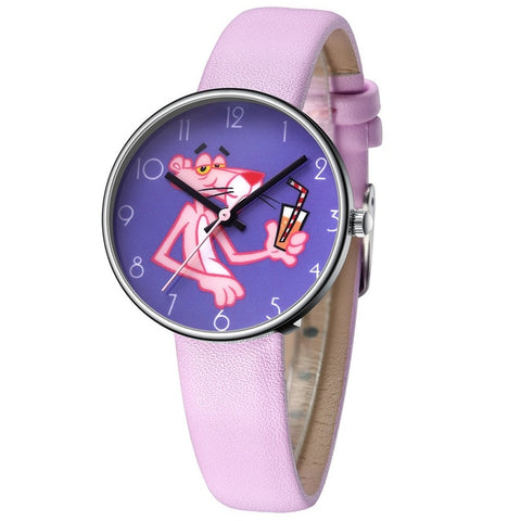 KDM Cartoon Watch Girl Pink Leopard Students Watch Leather Strap Quartz Watch Kids Birthday Gift 2019 Fashion Children Watches