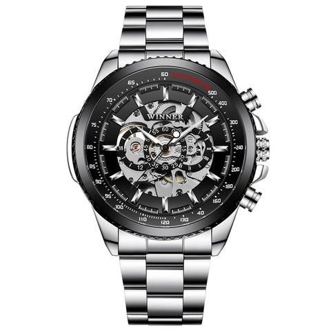 WINNER 2019 Black Stainless Steel Mens Skeleton Watches Top Brand Luxury Transparent Mechanical Male Automatic Wrist Watch