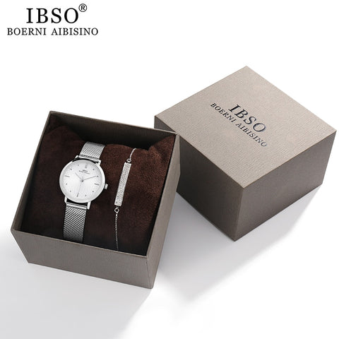 IBSO Women's Watches Set 8mm Ultra thin Silver Mesh Stainless Steel Strap Quartz Clock Hours Sets Ladies Birthday Gift