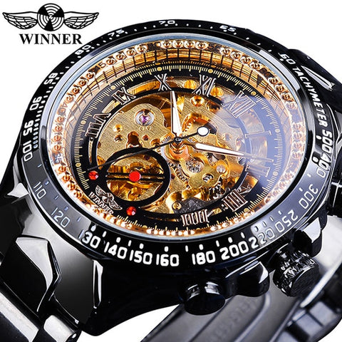 Winner Classic Series Golden Movement Steel Mens Skeleton Man Wrist Watch Mechanical Top Brand Luxury Fashion Automatic Watches