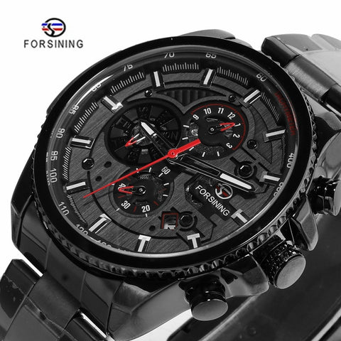 FORSINING Fashion Sport Black Stainless Steel Men Automatic Wrist Watch Top Brand Luxury Military Sport Male Clock