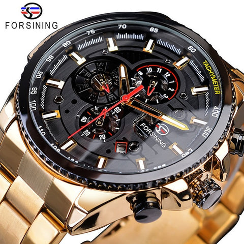 FORSINING Fashion Sport Black Stainless Steel Men Automatic Wrist Watch Top Brand Luxury Military Sport Male Clock