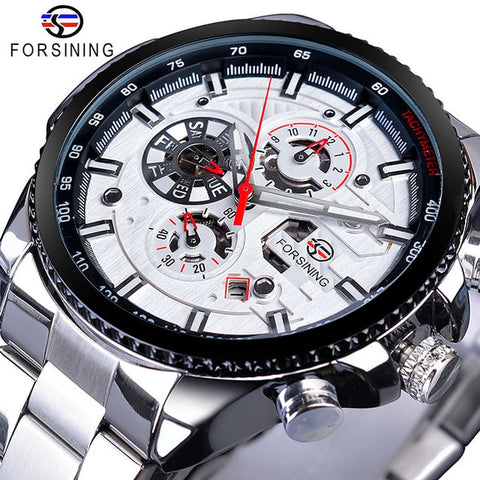 FORSINING Fashion Sport Black Stainless Steel Men Automatic Wrist Watch Top Brand Luxury Military Sport Male Clock