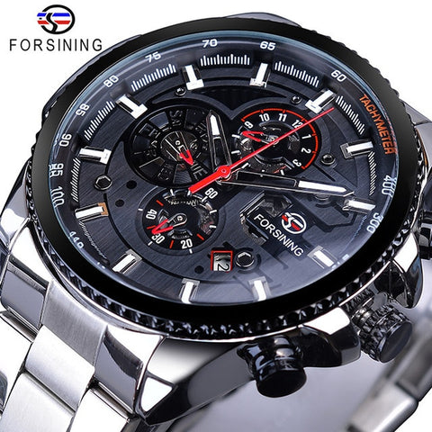 FORSINING Fashion Sport Black Stainless Steel Men Automatic Wrist Watch Top Brand Luxury Military Sport Male Clock