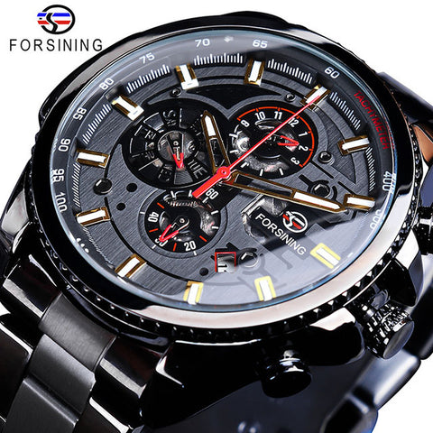 FORSINING Fashion Sport Black Stainless Steel Men Automatic Wrist Watch Top Brand Luxury Military Sport Male Clock