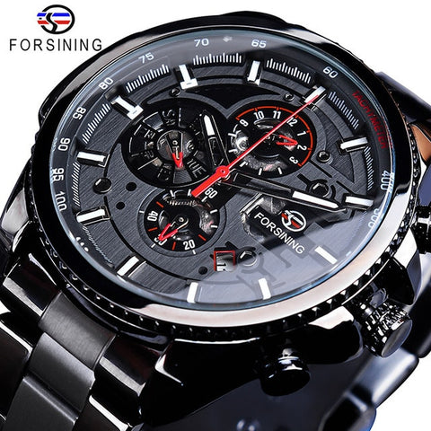 FORSINING Fashion Sport Black Stainless Steel Men Automatic Wrist Watch Top Brand Luxury Military Sport Male Clock