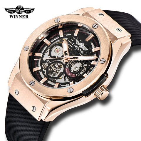 New Style WINNER Military Mens Automatic Watches Skeleton Dial Rubber Strap Clock Rose Gold Case Luminous Hands Wristwatches