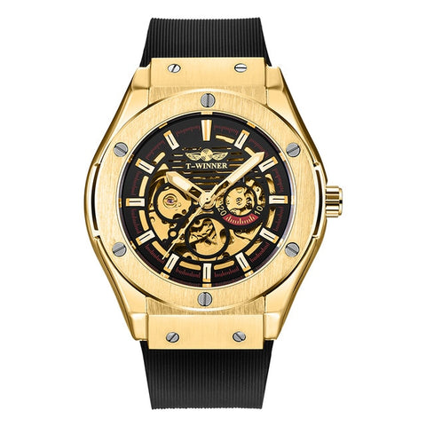 New Style WINNER Military Mens Automatic Watches Skeleton Dial Rubber Strap Clock Rose Gold Case Luminous Hands Wristwatches