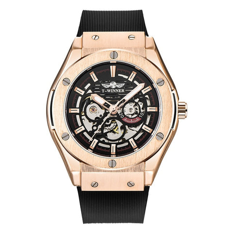 New Style WINNER Military Mens Automatic Watches Skeleton Dial Rubber Strap Clock Rose Gold Case Luminous Hands Wristwatches