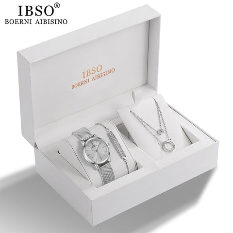 IBSO Women's Quartz Watch Set Crystal Bracelet Necklace Watch Sets Female Jewelry Set Luxury Silver Set Watch Christmas Gift