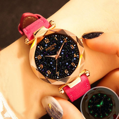 Fashion Women Watches Star Sky Dial Clock Luxury Rose Gold Women's Bracelet Quartz Wrist Watches beautiful casual Flash Luminous