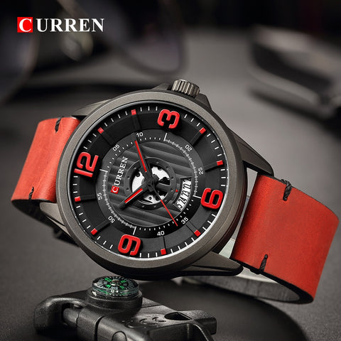 CURREN Men watch Luxury Business Wristwatch Red military Leather Quartz Mens Watches Display Date Clock Relogio Masculino 8305