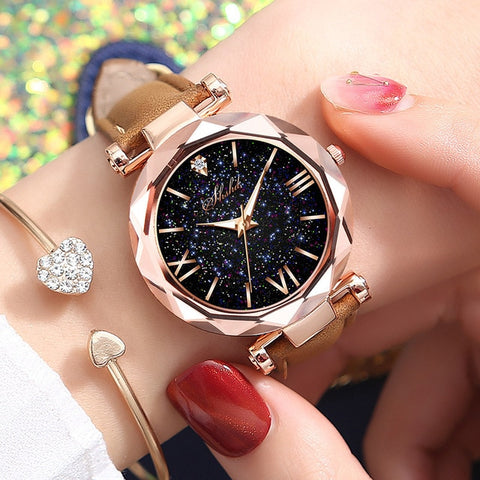 1PC Women Watch Leather Band Ladies Quartz Wrist Watch Starry Sky Round Dial Roman Number Rhinestone Watches relogio feminino