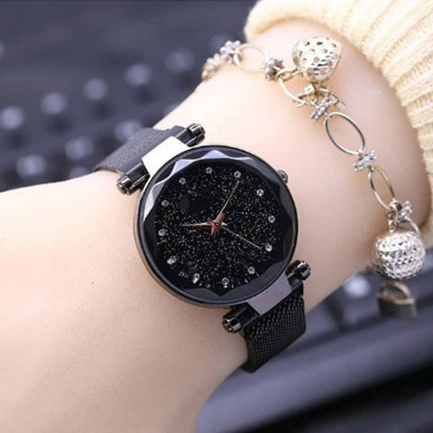 Ladies Watch Luxury Magnet Stainless Steel Mesh Band Starry Sky Women Watches Rhinestone Watch Diamond Bracelet Clock For Gift