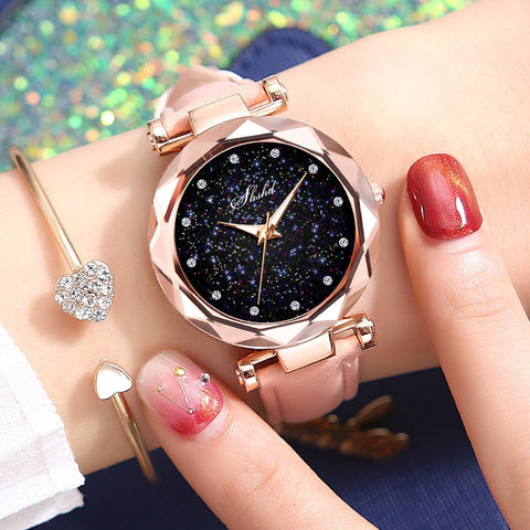 Foloy Women Watch Star Sky Dial Clock Luxury Rose Gold Fashion Women's Bracelet Quartz Wrist Watches