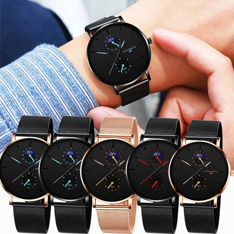 New Men's Watch Luxury Quartz Alloy Mesh  Multicolor Pointer Mysterious Black Male Business Simple Clock relogio masculino