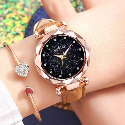 Foloy Women Watch Star Sky Dial Clock Luxury Rose Gold Fashion Women's Bracelet Quartz Wrist Watches