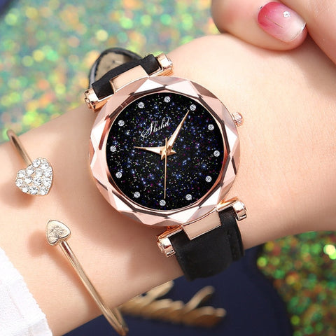 Foloy Women Watch Star Sky Dial Clock Luxury Rose Gold Fashion Women's Bracelet Quartz Wrist Watches