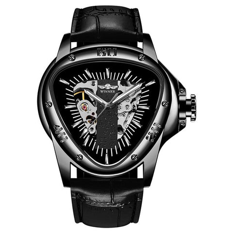 Top Brand WINNER Men Automatic Mechanical Clock Racing Sports Design Triangle Skeleton Clock Luminous Hands Wrist Watches