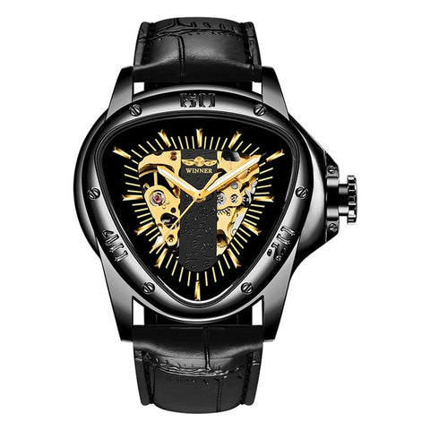 Top Brand WINNER Men Automatic Mechanical Clock Racing Sports Design Triangle Skeleton Clock Luminous Hands Wrist Watches