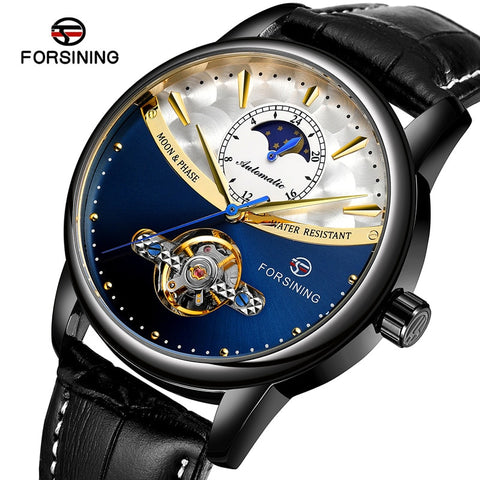 Forsining Men's Luxury Brand Mechanical Watch Classic Blue Moon Phase Fully Automatic Tourbillon Mechanical Men's Leather Watch