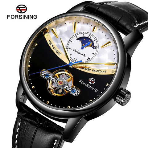 Forsining Men's Luxury Brand Mechanical Watch Classic Blue Moon Phase Fully Automatic Tourbillon Mechanical Men's Leather Watch