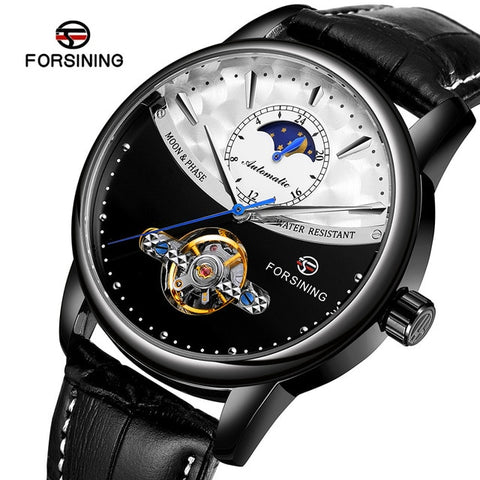 Forsining Men's Luxury Brand Mechanical Watch Classic Blue Moon Phase Fully Automatic Tourbillon Mechanical Men's Leather Watch