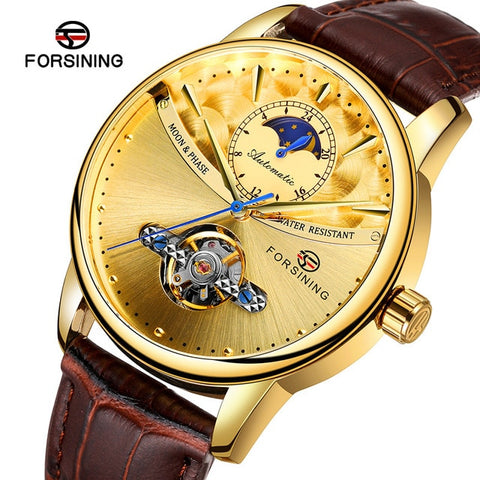 Forsining Men's Luxury Brand Mechanical Watch Classic Blue Moon Phase Fully Automatic Tourbillon Mechanical Men's Leather Watch