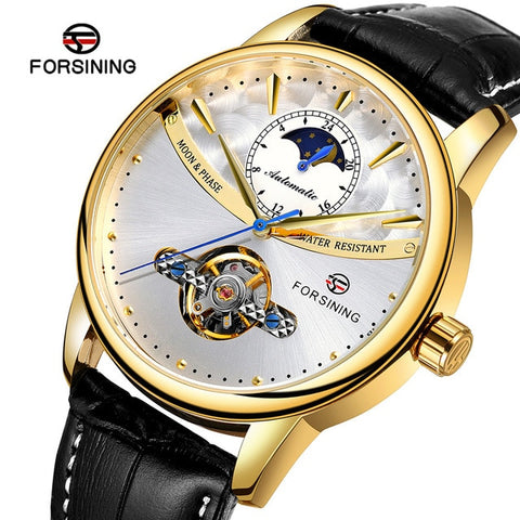 Forsining Men's Luxury Brand Mechanical Watch Classic Blue Moon Phase Fully Automatic Tourbillon Mechanical Men's Leather Watch