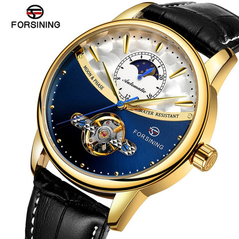 Forsining Men's Luxury Brand Mechanical Watch Classic Blue Moon Phase Fully Automatic Tourbillon Mechanical Men's Leather Watch