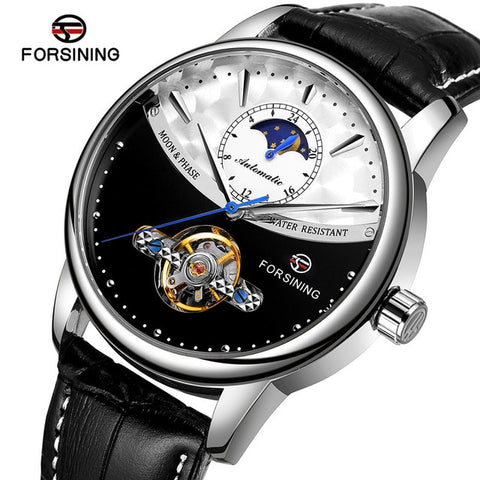 Forsining Men's Luxury Brand Mechanical Watch Classic Blue Moon Phase Fully Automatic Tourbillon Mechanical Men's Leather Watch