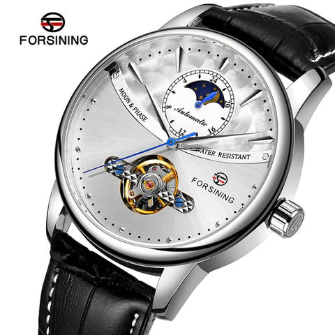 Forsining Men's Luxury Brand Mechanical Watch Classic Blue Moon Phase Fully Automatic Tourbillon Mechanical Men's Leather Watch