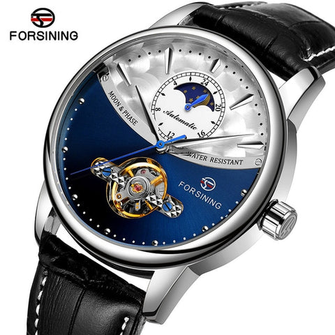 Forsining Men's Luxury Brand Mechanical Watch Classic Blue Moon Phase Fully Automatic Tourbillon Mechanical Men's Leather Watch