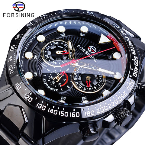 Forsining Hot 2019 Mens Automatic Watch Black Self-Wind Speed Car Male Date Steel Strap Military Wrist Mechanical Relojes Hombre