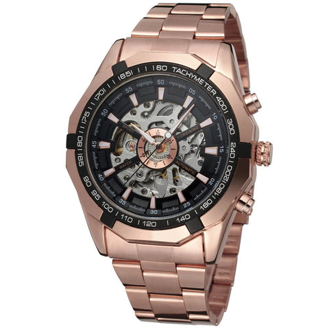 WINNER Brand Rose Gold Stainless Steel Mens Skeleton Watches Transparent Mechanical Male Wrist Watch Relogio Masculino