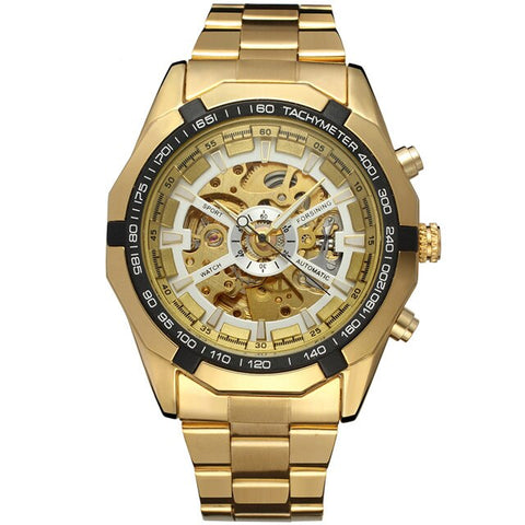 WINNER Brand Rose Gold Stainless Steel Mens Skeleton Watches Transparent Mechanical Male Wrist Watch Relogio Masculino